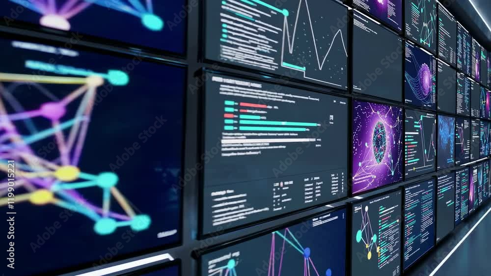 Poster exploring interconnected data networks displayed on multiple screens in a modern setting
