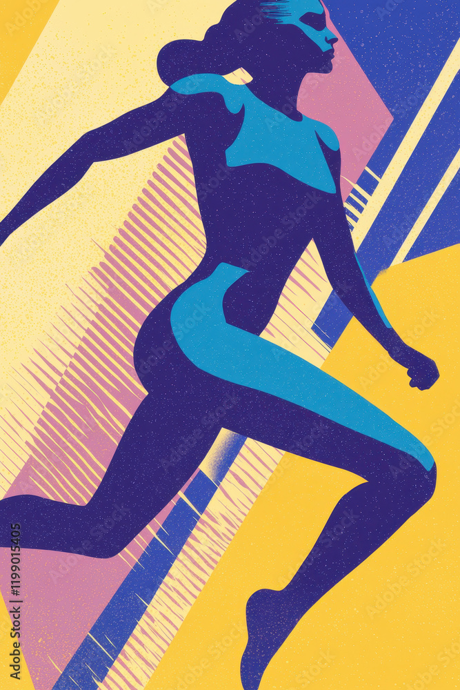 Poster dynamic illustration of vibrant athlete sprinting in abstract artistic form emphasizing speed and en