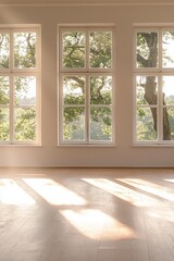 Fototapeta premium An empty room with large windows, a wooden floor, and soft sunlight streaming in. The room is a bright, white color. In the background, there are trees visible outside one of the windows. 