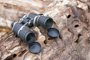 Black binoculars on a fallen tree, travel concept