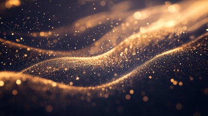 Abstract Glittering Waves, Sparkling Particles Background, Golden Light Spots, Shimmering Glow Art
