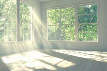Fototapeta premium An empty room with large windows, a wooden floor, and soft sunlight streaming in. The room is a bright, white color. In the background, there are trees visible outside one of the windows. 