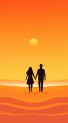 Fototapeta premium Romantic silhouette of couple walking hand in hand at sunset