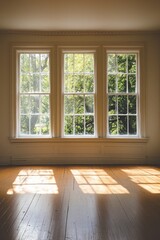 Fototapeta premium An empty room with large windows, a wooden floor, and soft sunlight streaming in. The room is a bright, white color. In the background, there are trees visible outside one of the windows. 