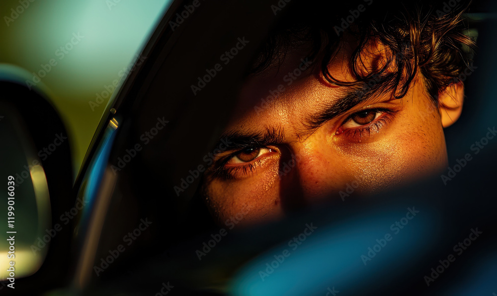 Poster captivating portrait highlighting intense gaze and shadows for reflective emotions and depth