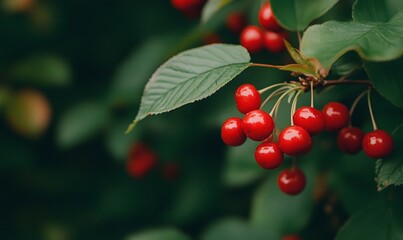 Close-up of cherry branches with juicy red berries. Generative AI