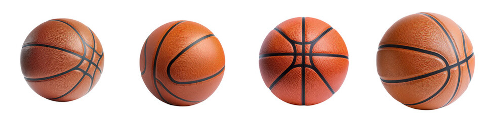 Close up view of multiple orange leather basketballs sitting on the wooden court of a basketball stadium or arena  The basketballs are ready for a game competition or training session