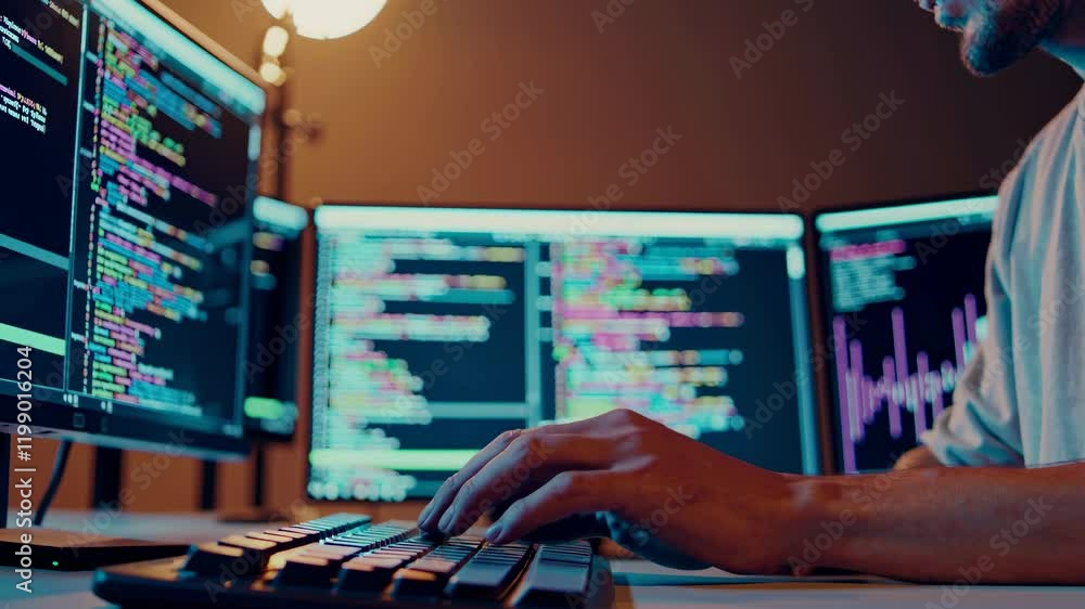 Poster coding expert develops software solutions in a modern workspace featuring multiple screens at night