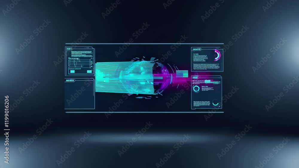 Aufkleber futuristic holographic dashboard featuring glowing cyan and magenta data displays, ideal for high-te