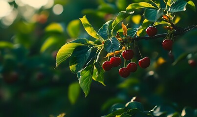 Close-up of cherry branches with juicy red berries. Generative AI