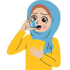 Kid treating asthma with inhaler wearing hijab