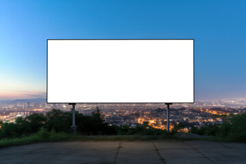 Blank billboard overlooking a city skyline at dusk with twinkling lights