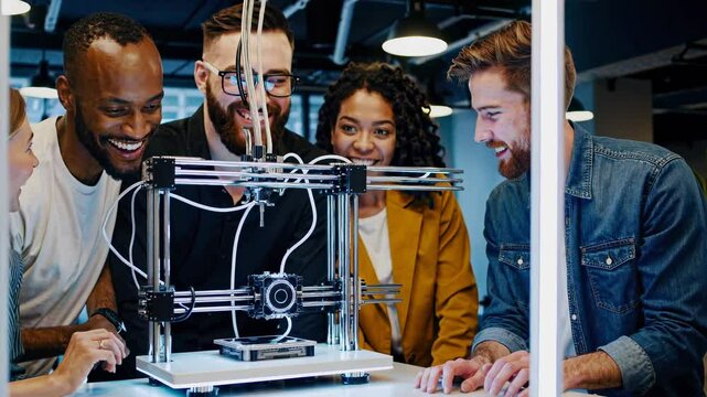 Enthusiastic group explores 3D printing technology in a modern workshop