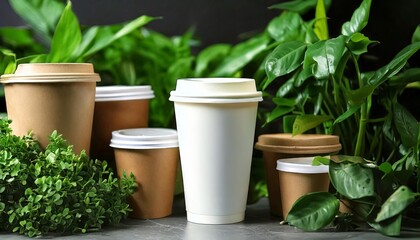 A collection of various coffee cups and containers surrounded by lush green plants, showcasing an eco-friendly aesthetic.