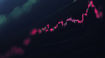 Fototapeta premium Perspective view of stock market growth business investing and data concept with digital financial chart graphs diagrams and indicators on dark blue blurry background