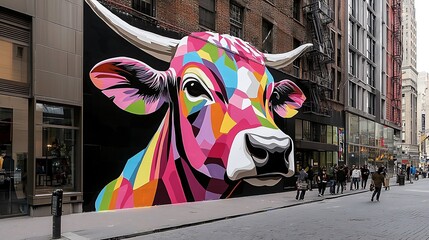 Colorful mural of a cow's head on an urban building, with pedestrians walking nearby