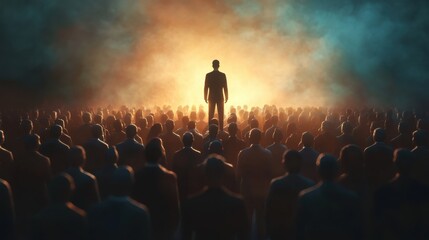 Obraz premium A 3D illustration depicting a leader standing above a group of followers, symbolizing leadership, unity, and inspiration.