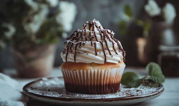 A beautifully decorated cupcake featuring fluffy frosting swirled with chocolate drizzle