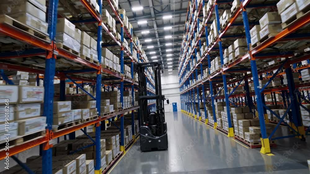 Leinwandbilder exploring a large warehouse with shelves full of boxes and a forklift operating efficiently