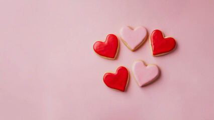 Obraz premium Valentine's day icing cookies: A minimalist and serene photo of red and pink heart-shaped icing cookies on a solid pink background, captured from a top-down angle