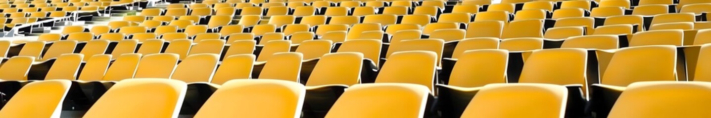 Naklejka premium Yellow tribunes with empty seats in a modern sports stadium, concept of an empty outdoor arena for fans. Cultural environment, symmetry, and color in sports venue design.