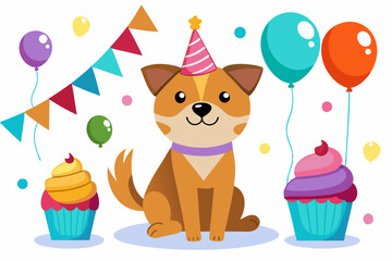 Obraz premium Birthday dog with balloons and a cupcake on a white background 