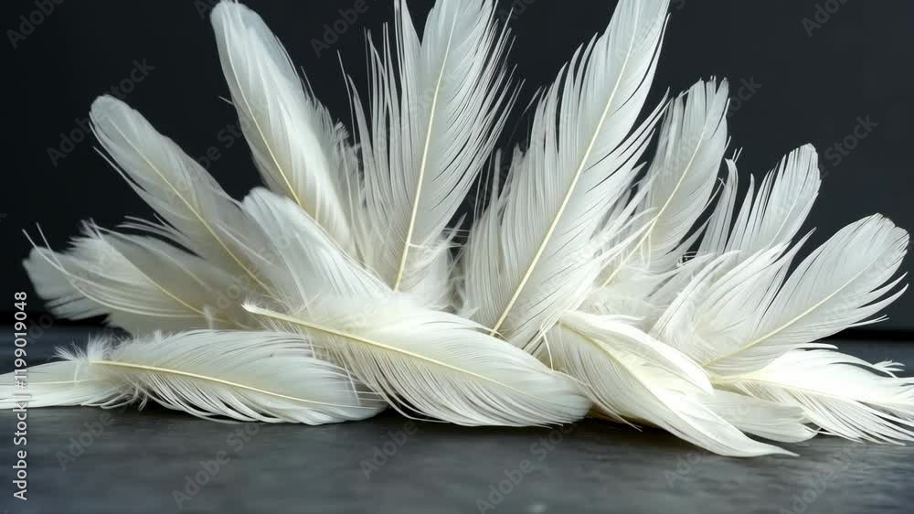 Aufkleber pile of white feathers on a black surface. the feathers are scattered and appear to be in various st