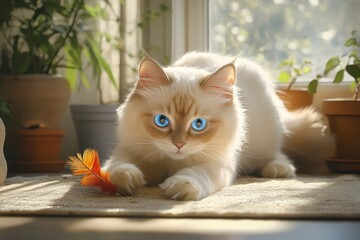 Vivid image of playful Ragdoll cat with feather toy