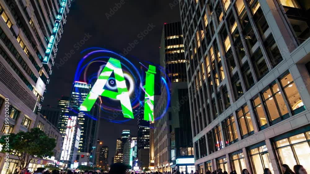 Aufkleber illuminated ai display brightens the city night during a tech event in a bustling urban center
