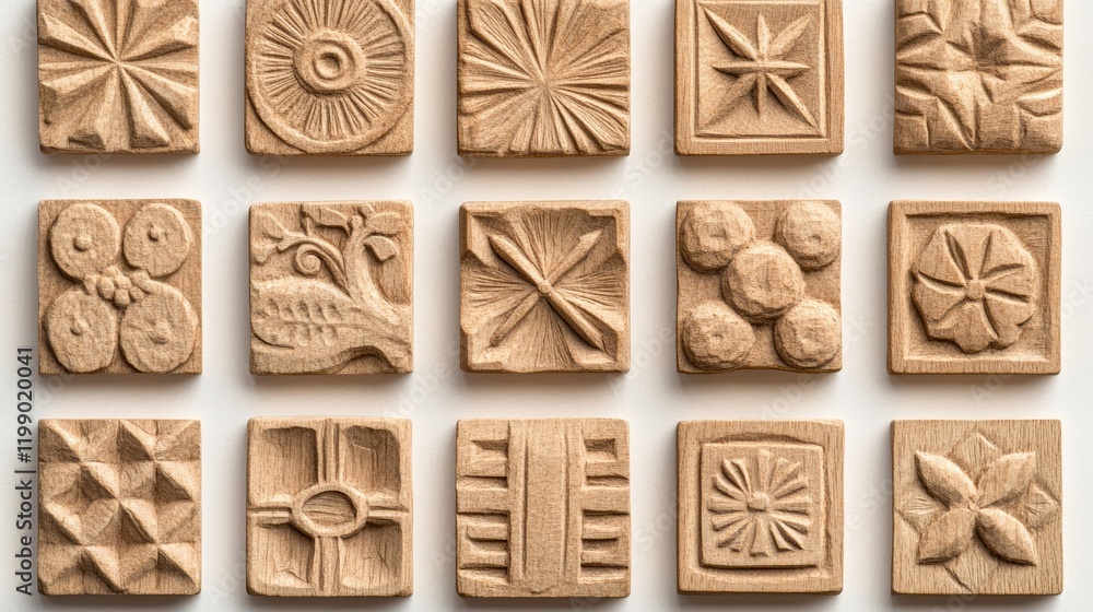 Poster a seamless pattern of carved wooden stamps in various intricate designs arranged in an infinite grid
