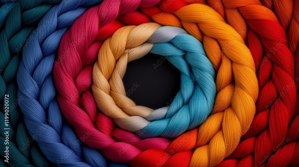 Poster a never ending spool of thread unraveling in vivid colors intertwining into an infinite braid surrou