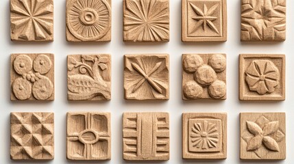 A seamless pattern of carved wooden stamps in various intricate designs arranged in an infinite grid against a neutral paper background 