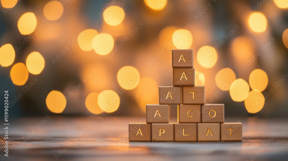 Poster Alphabet Blocks Forming a Pyramid Against a Warm Bokeh Background