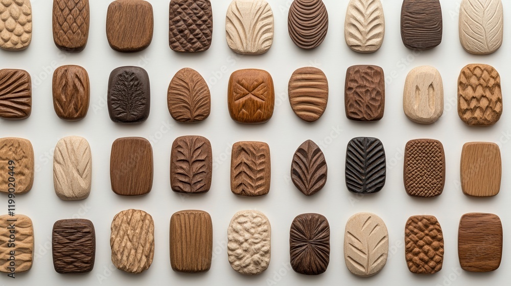 Poster a seamless pattern of carved wooden stamps in various intricate designs arranged in an infinite grid