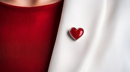 A close up of a red dress pin adorned with a small heart emblem symbolizing support for National Wear Red Day on a white blazer 
