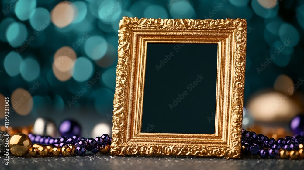 Poster a sparkling golden frame prop with intricate carvings surrounded by colorful beads feathers and a fe