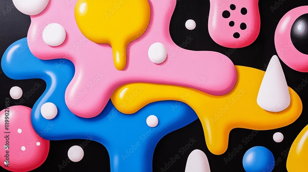 Poster a surreal artists palette with endless paint blobs flowing outward blending into an infinite canvas 