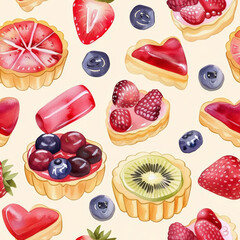 Delightful watercolor pattern featuring various sweet fruit tarts and berries