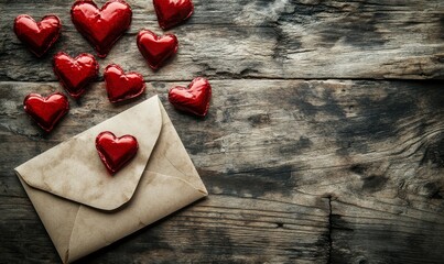 A romantic Saint Valentine's Day background with an envelope, a paper card, and several red hearts, suitable for a love message