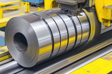 Industrial scene with metal sheet being rolled out on a production line