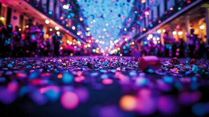 A panoramic view of a Mardi Gras celebration with marching bands costumed dancers and parade floats passing through a confetti filled street 