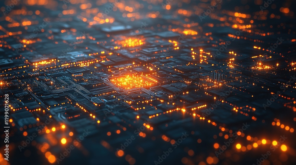 Poster glowing circuit board surface with active data transfer