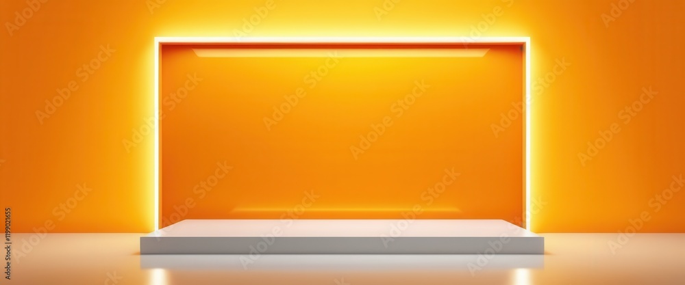 Poster minimalist orange background with empty white display shelf and soft lighting