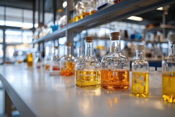 Colorful Glass Bottles Filled with Bright Liquids on a Laboratory Table Surrounded by Scientific Equipment and Instruments in an Innovative Research Facility