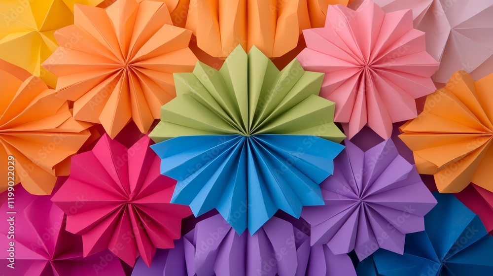 Poster endless stacks of colorful origami animals on a reflective surface creating a kaleidoscopic effect w