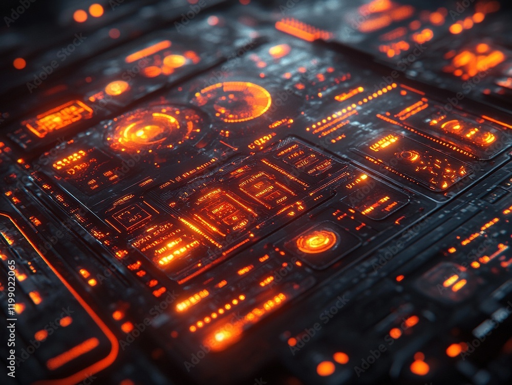 Poster glowing circuit board with active indicators in dark server room