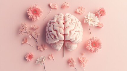 illustration of mental health brain on pastel pink background. flower human health