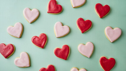 Obraz premium Icing cookies: A minimalist and serene photo of red and pink heart-shaped icing cookies on a mint green background. The fresh, soft green background complements the red and pink tones of the cookies