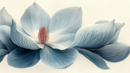 Close-up of three pale blue magnolia blossoms, detailed petals and pistil.