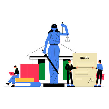 Lady Justice With Sword And Scale In Front Of Courthouse In Flat Vector Illustration Symbolizing Law, Order, And Fairness, Isolated On White Background.